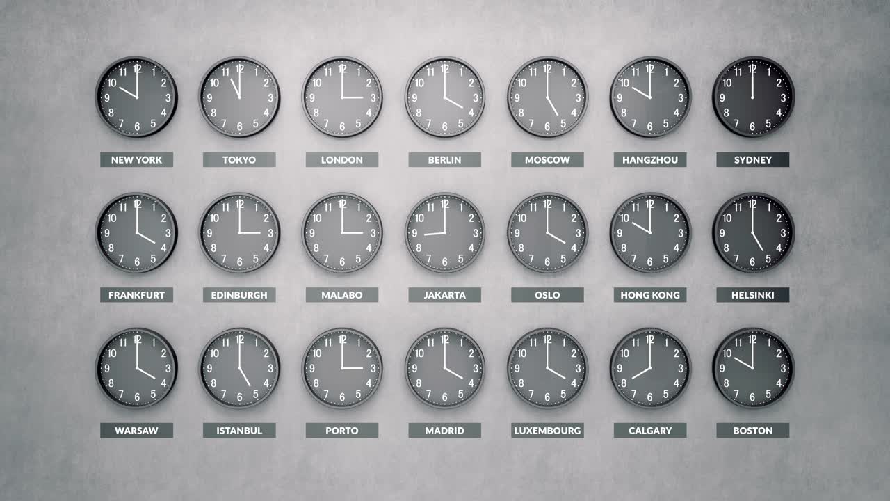 Many round clocks are going and showing different time for different cities around the world.