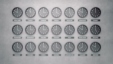 muchos relojes redondos están mostrando diferentes horas para diferentes ciudades de todo el mundo.