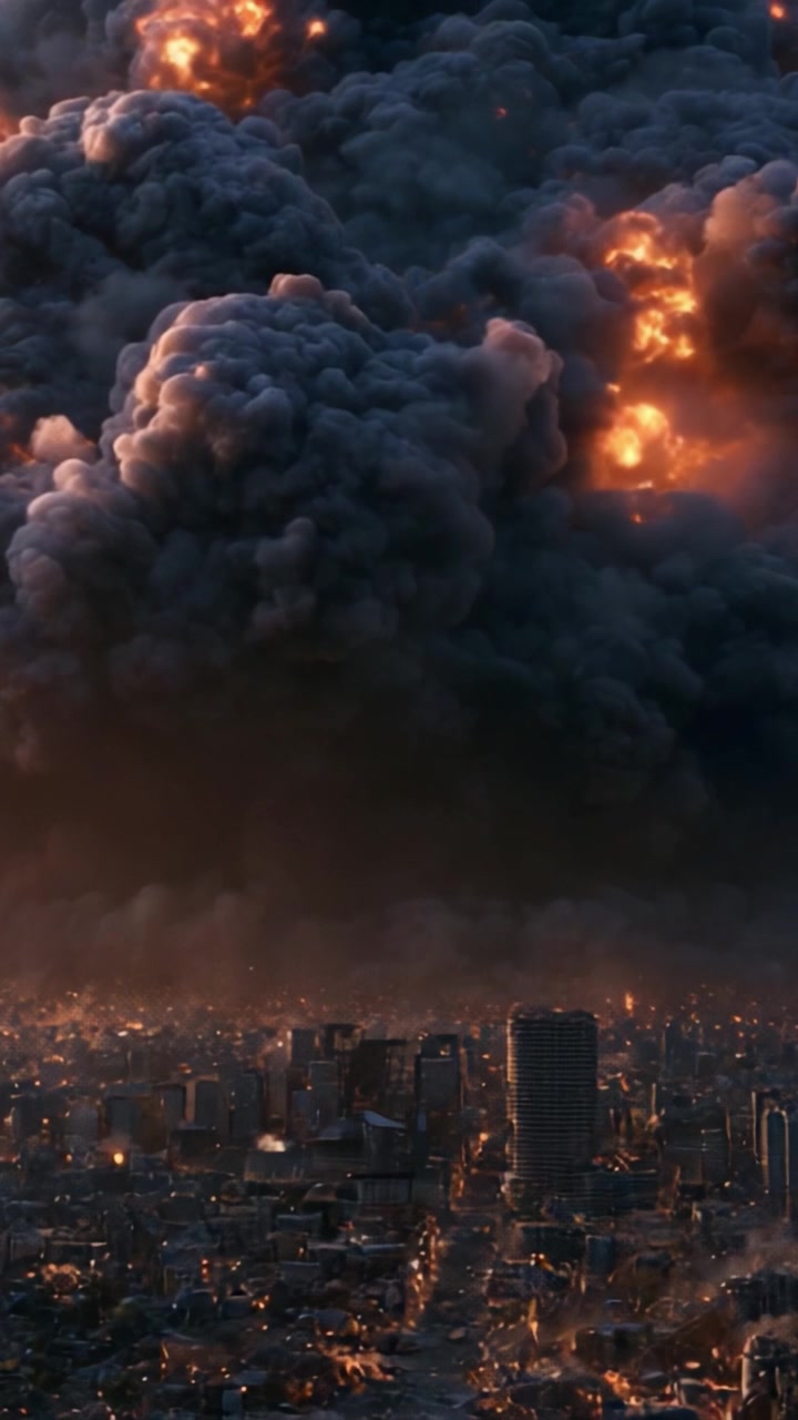 Una scena catastrofica si dispiega sopra una città: nuvole misteriose, esplosioni e fiamme trasformano il paesaggio urbano in un orizzonte infuocato.