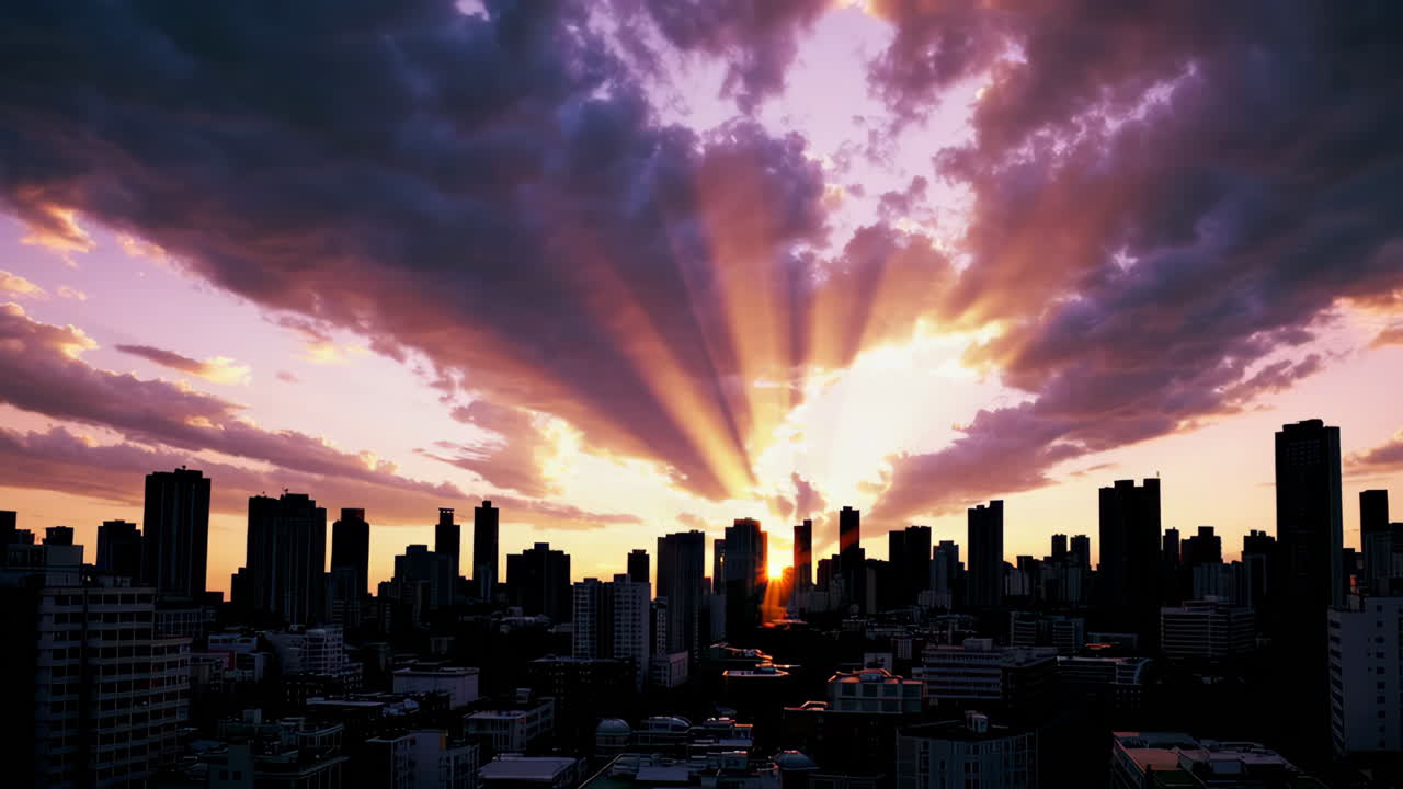 Dramatic Sunset Over City Skyline with Sun Rays