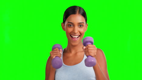 Green-screen,-face-or-happy-woman-with-dumbbells