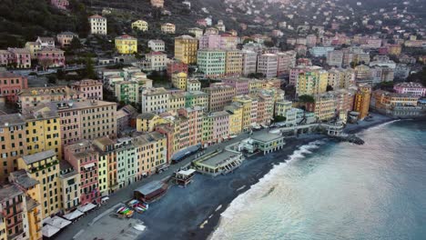 Camogli-coast,-Liguria,-in-Italy-with-clear-sea-in-winter-at-sunrise-and-aerial-view