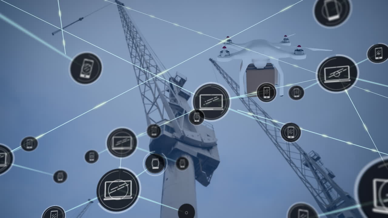animación de la red de conexiones con iconos sobre drones con paquetes y astilleros