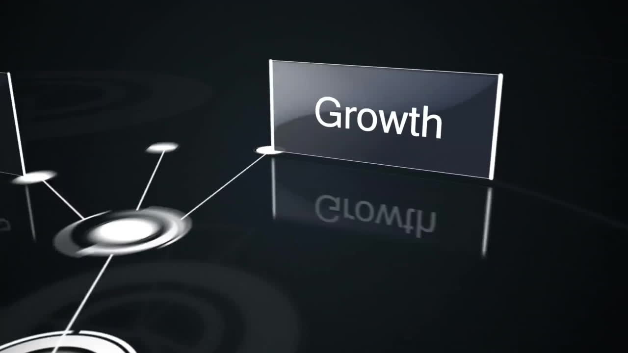 Animation of network of connections with business texts on black background