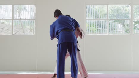 judokas training by doing a randori on the judo mat