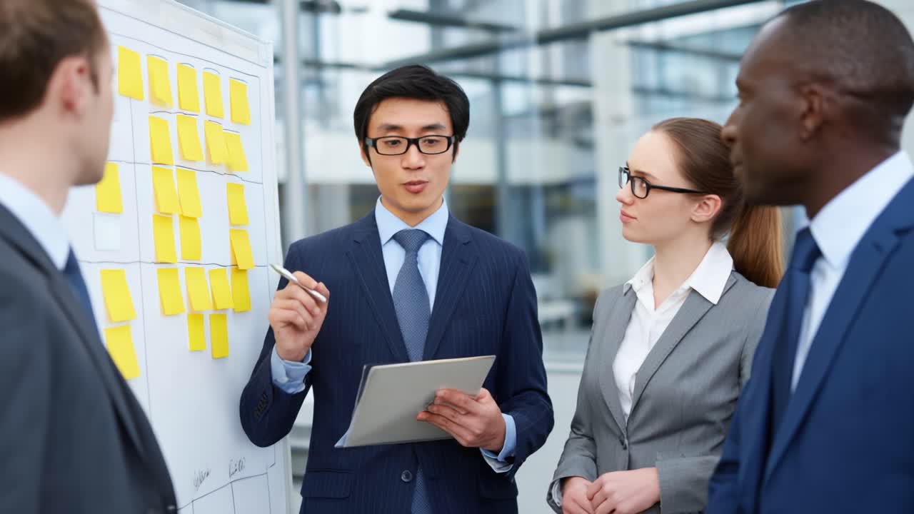 A Business Meeting in Progress: A Group of Professionals Engaged in Discussion Around a Presentation Board Covered with Sticky Notes in a Modern Office Environment