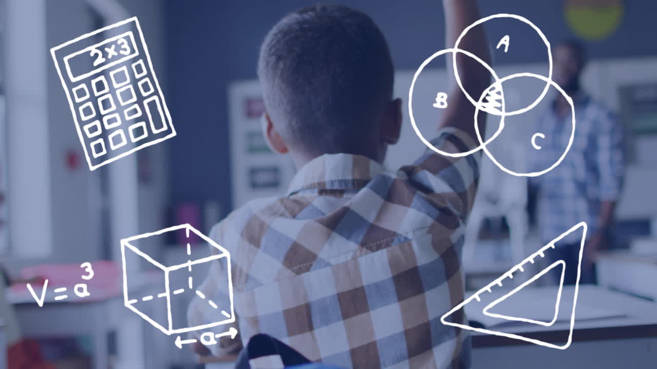 In school, child raising hand with animation of math symbols in classroom