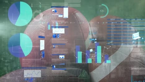 Animation-Von-Bildschirmen-Mit-Statistischer-Datenverarbeitung-über-Nahaufnahme-Von-Rugbybällen-Auf-Rasen