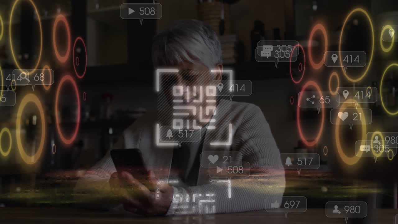 animación de código qr sobre mujer usando teléfono inteligente