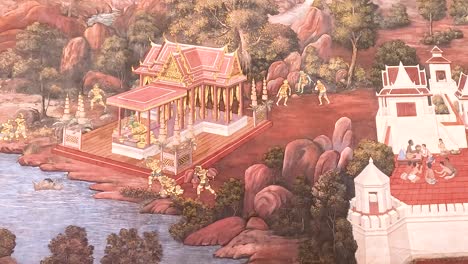 animated sequence of a vibrant thai temple mural, showcasing traditional architecture and cultural scenes with dynamic camera movement
