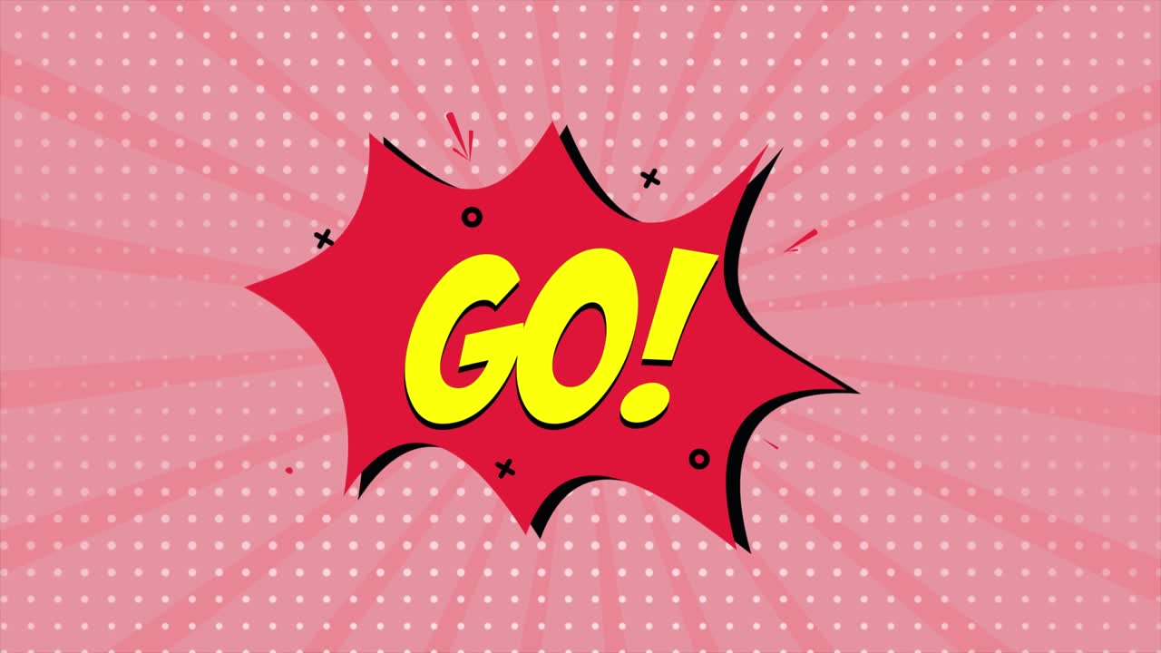 una animación de dibujos animados de tira cómica, con la palabra go apareciendo. fondo rojo y de medio tono, efecto de forma de estrella