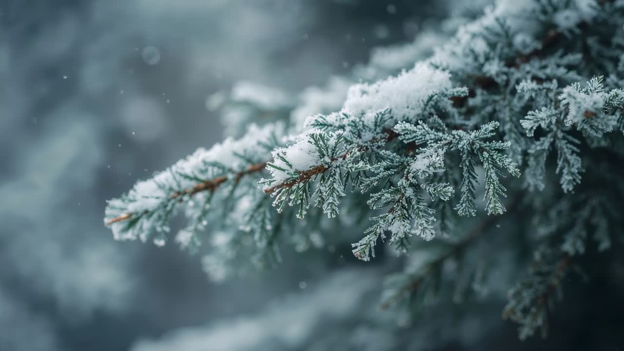 Shifting after tiny shift, frosted fir branch sliding snow clump from needles in snowy forest