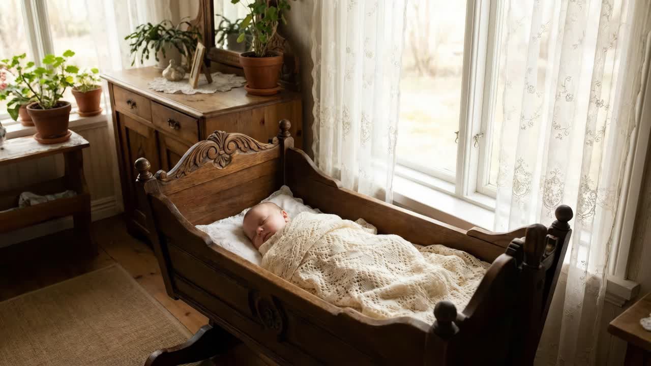 Bambino che dorme in una culla vintage