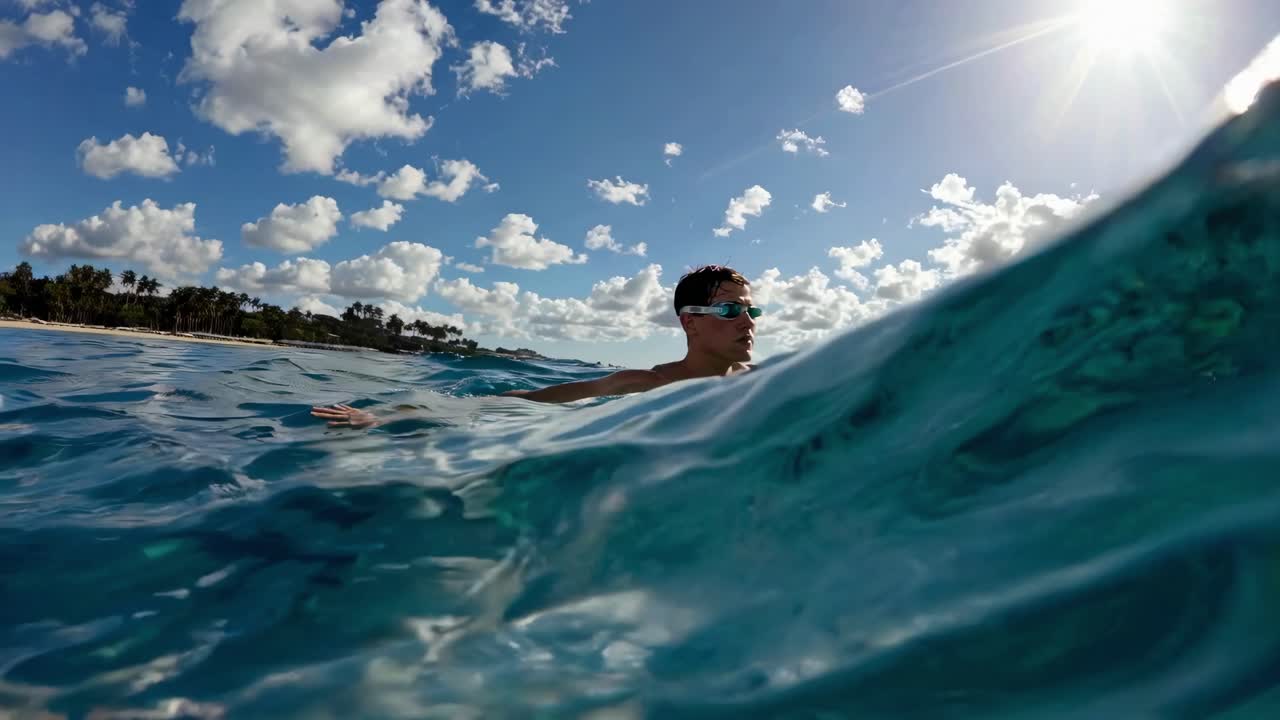 Wide-angle shot of a swimmer in the ocean under a bright sky, capturing dynamic movement and vibrant