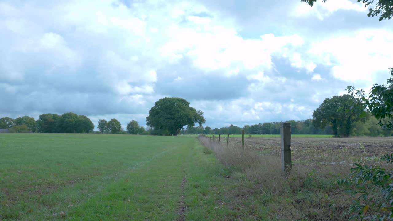 A rural landscape with fields, trees, and a cloudy sky