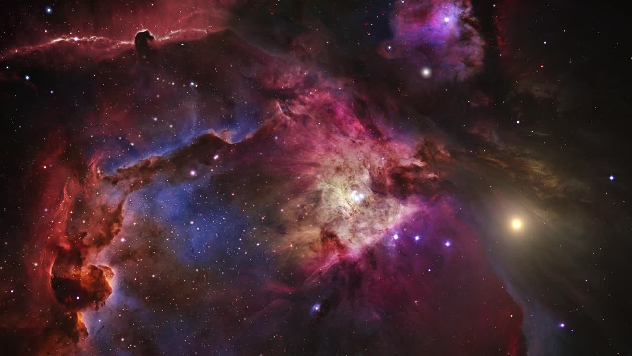 vola verso la nebulosa rossa che galleggia nello spazio