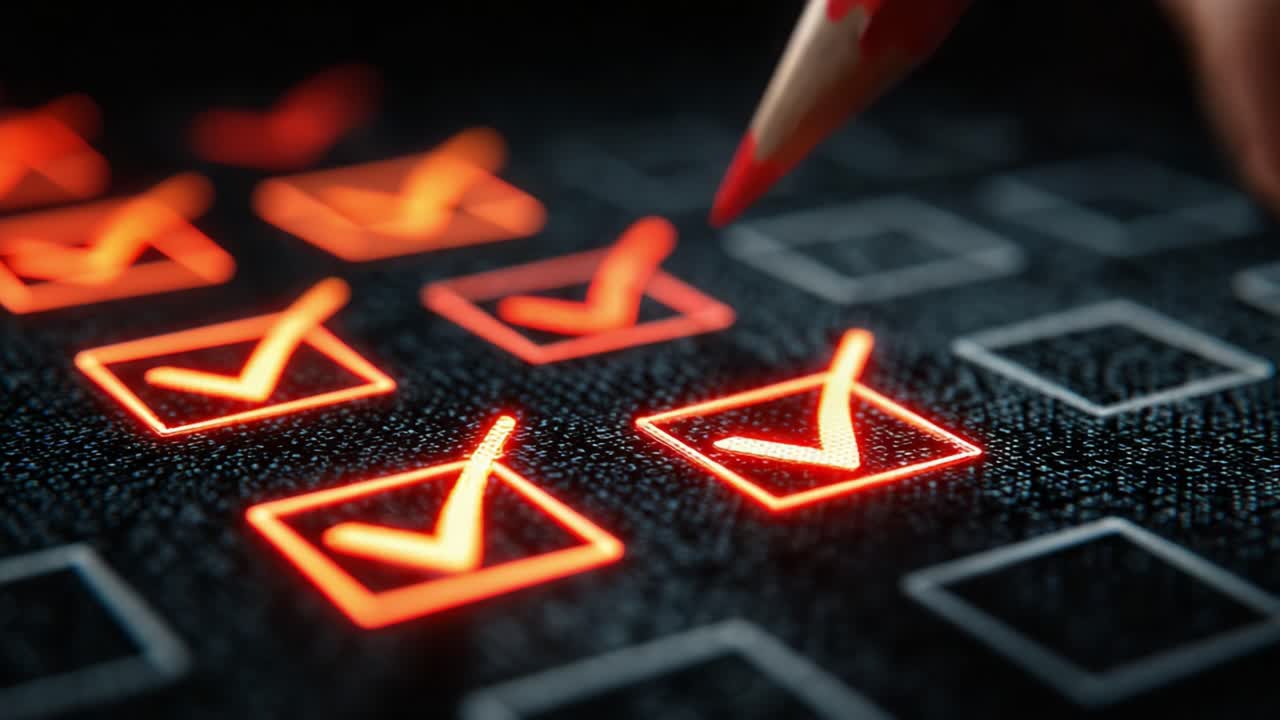 A Close-Up View of a Vibrant Red Pencil Marking Completed Checkboxes Against a Backdrop of Dark Fabric, Symbolizing Organization and Task Completion