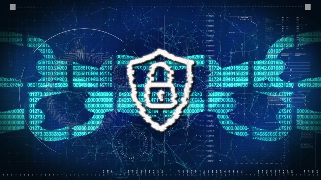 Code streams spawning chain rings shield icon glitching and padlock locking to secure connection