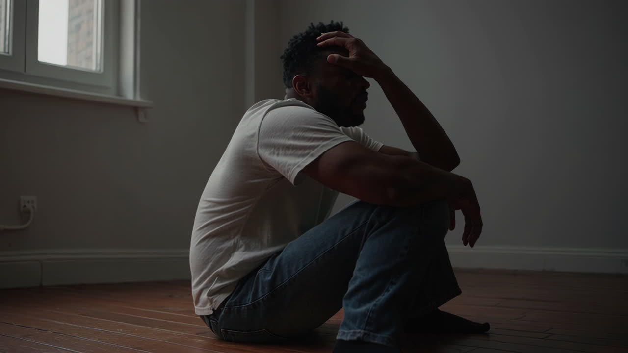 Man sitting on the floor, looking distressed.