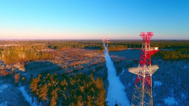 Pilone elettrico in foresta invernale. Pilone elettrico ad alta tensione