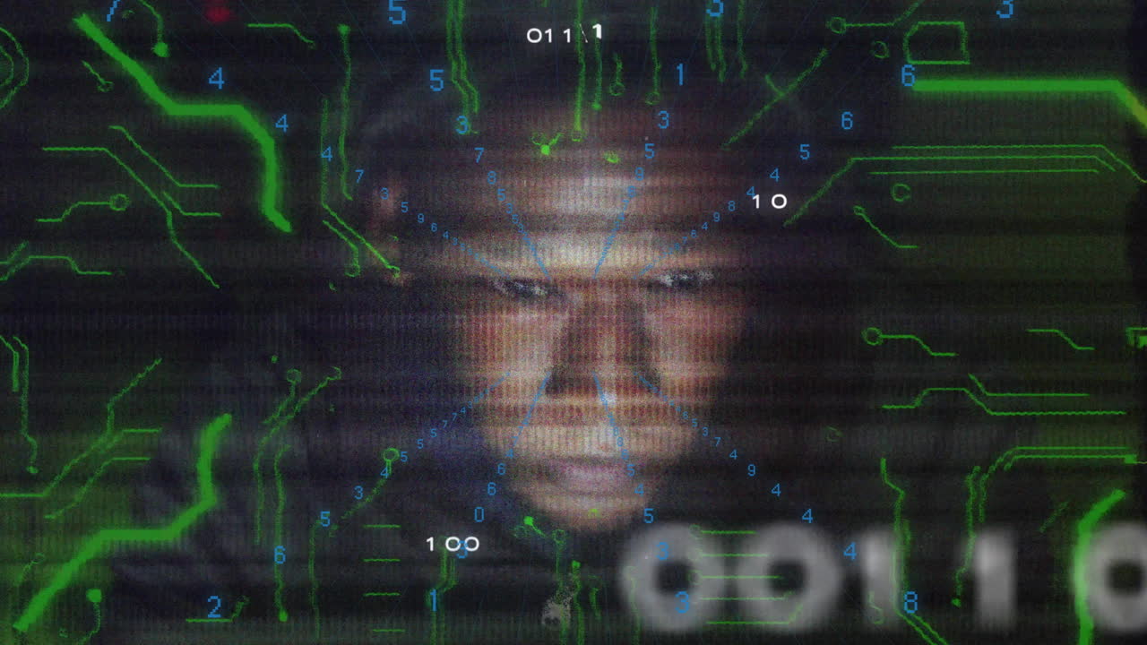 Animation of digital face with binary numbers and blue lines in futuristic style