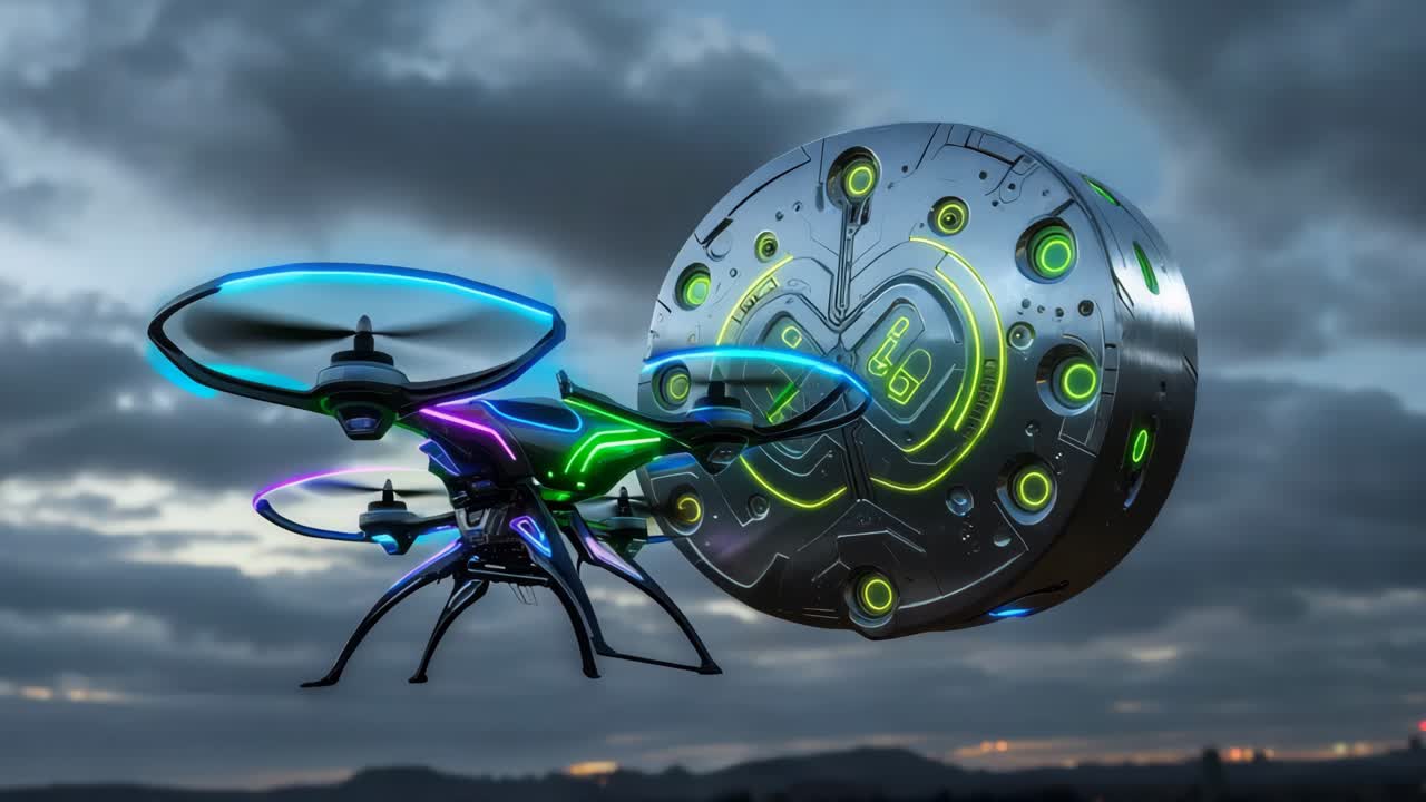 미래의 드론과 하늘에 날아다니는 접시