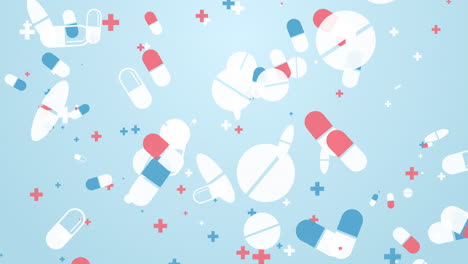 falling down icons of colored pills on a blue background. looped simple graphic animation.