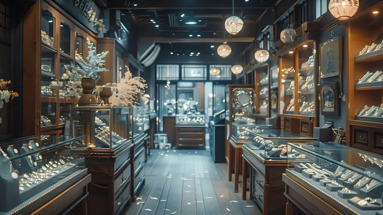 Interior of a Vintage Jewelry or Antique Shop with Display Cases