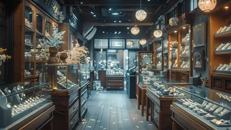 interior of a vintage jewelry or antique shop with display cases