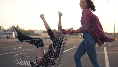 vista lateral de una joven feliz empujando un carrito de comestibles con su novia dentro en el estacionamiento por el centro comercial durante