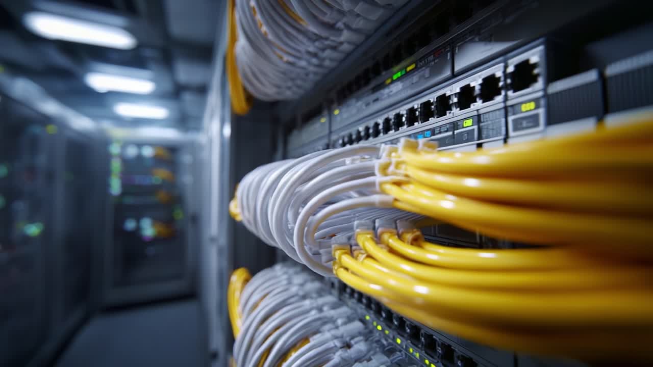 Close-Up of Network Devices and Cables in a Server Room Showcasing Connectivity and Technological Infrastructure with Yellow Ethernet Cables Intertwined