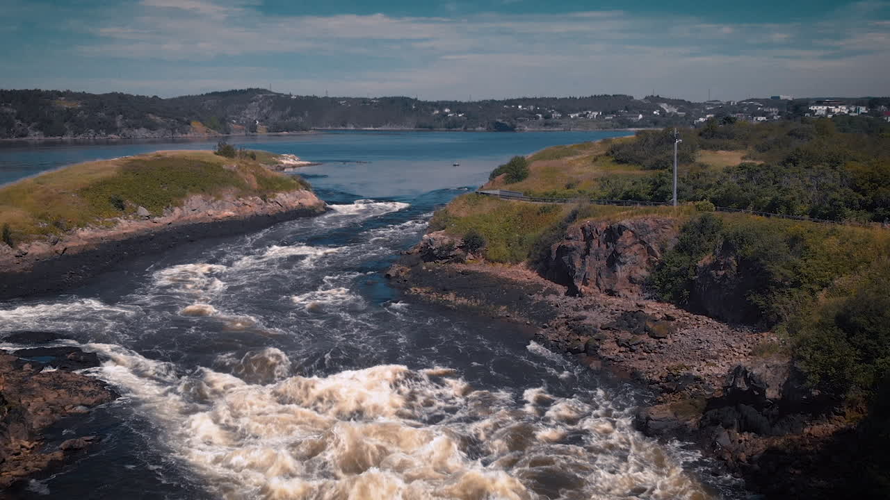 Flying a drone over reverse falls in New Brunswick, Canada