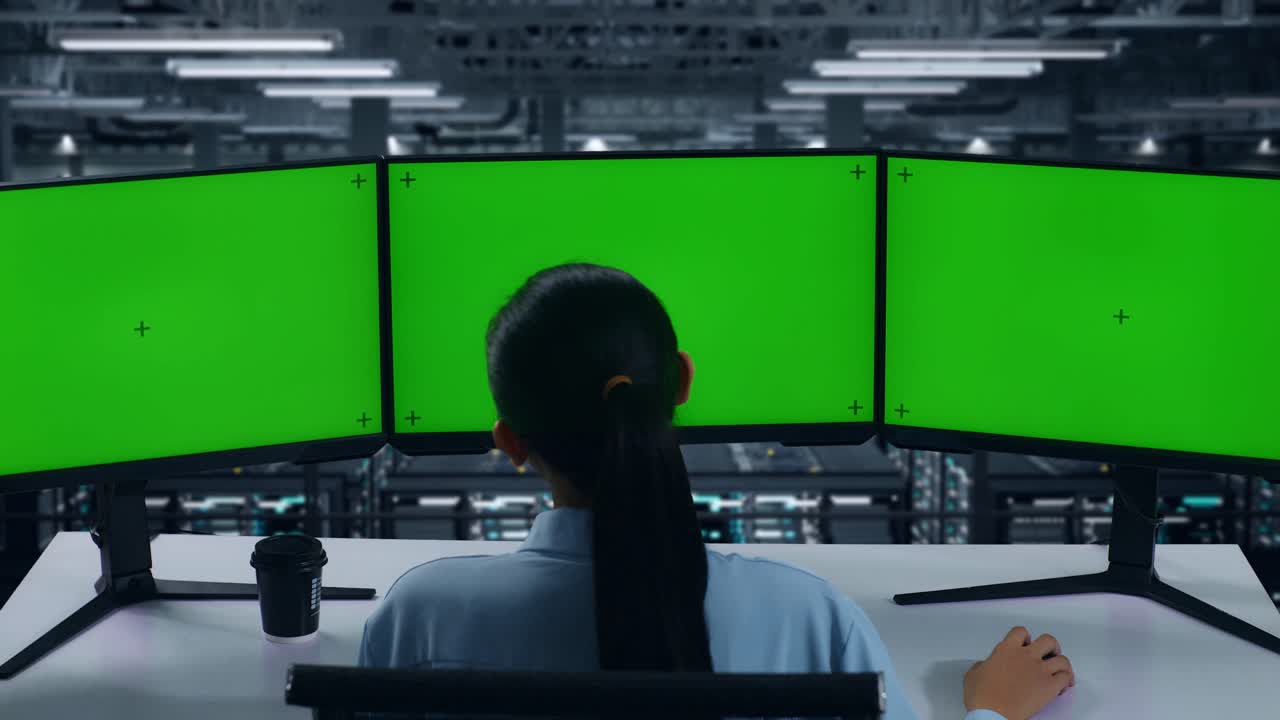 데이터 센터에서 여러 컴퓨터 모니터를 모의로 작업하는 동안 허리 통증이 있는 아시아 여성의 뒷면