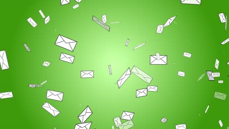 Letter-mail-postal-envelope-floating-falling-disappear-3D-animation-on-gradient-background-stationary-visual-delivery-digital-design-abstract-dynamic-colour-green-white