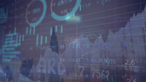 Animation-of-0-with-percentile-in-circle,-multiple-graphs-and-trading-board-against-modern-building