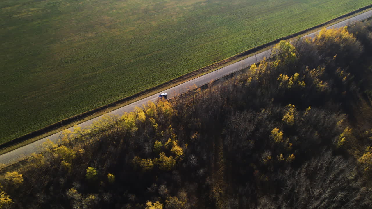 Vehicle Drive On The Road Through The Fields During Autumn In Red Deer County, Alberta, Canada. Aerial Shot