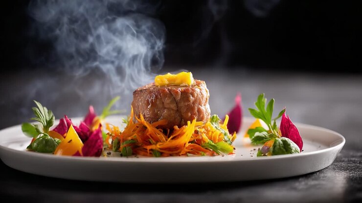 Une création culinaire époustouflante : un plat dressé avec une viande tendre, garni d’herbes fraîches, de légumes colorés et de volutes de fumée aromatique