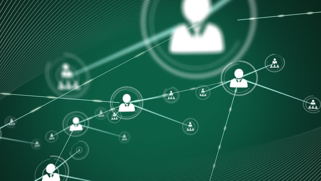 디지털 인터페이스와 연결된 사람들의 네트워크 아이콘의 애니메이션은 녹색 배경에  ⁇ 색으로 표시됩니다.