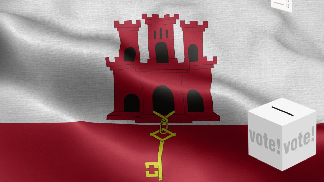 발 앞에 있는 투표용지 - 투표용지가 지브롤타 선택을 위해 상자에 날아갑니다 - 선거 - 투표 - 지브롤 타의 발 - 지브럴타 발 높은 세부 사항 - 국가 발 지브롤다 파동 패턴 루프 가능한 요소 - 직물 질감과 끝없는 루프