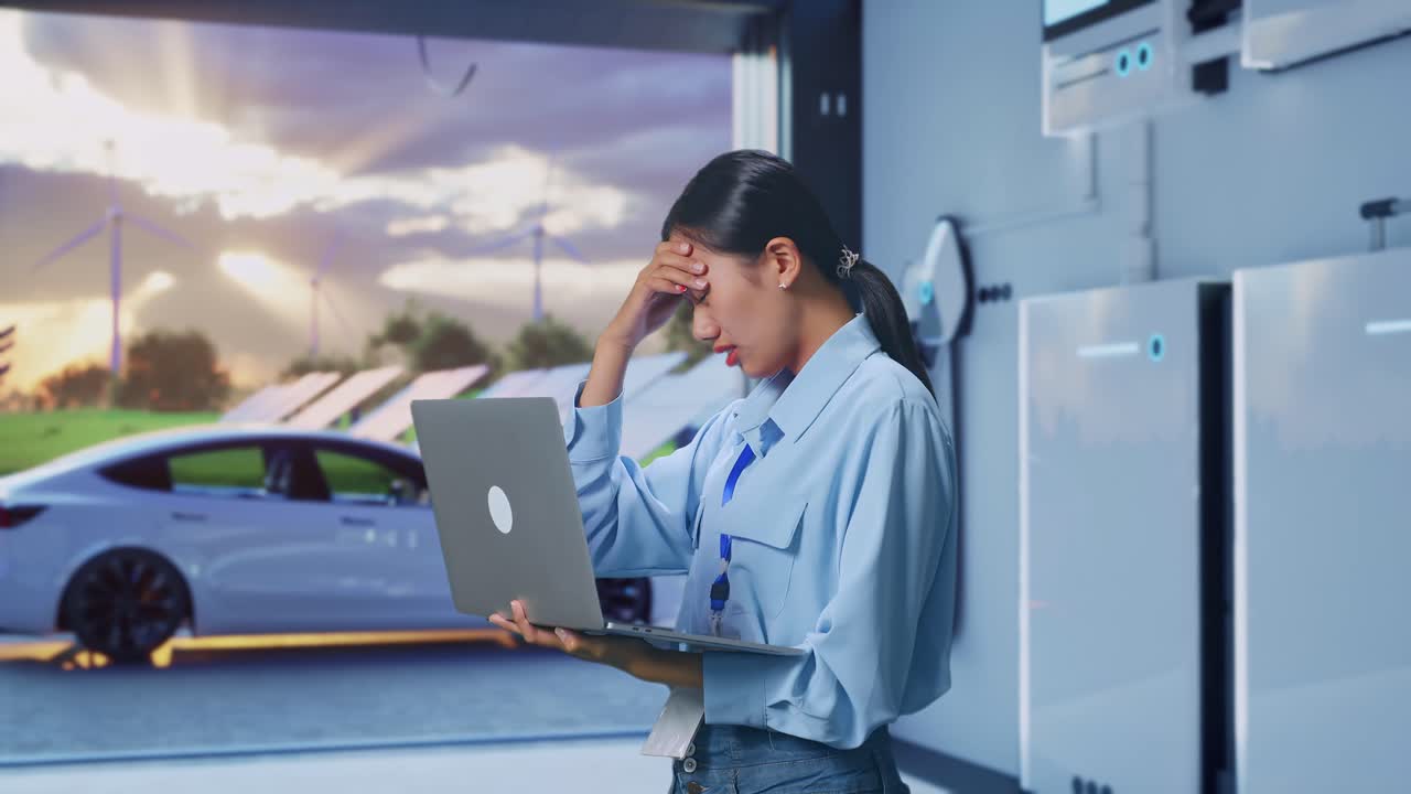 Side View Of Asian Female Professional Worker Use Laptop With Home Energy Storage System In a Modern Garage,  She Is Nodding Her Shead With Dissapionted