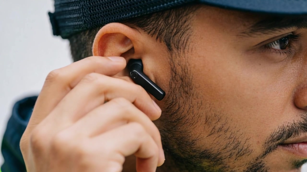 Hombre con gorra y sudadera ajustándose un auricular negro, primer plano derecho con un punto amarillo para escuchar.