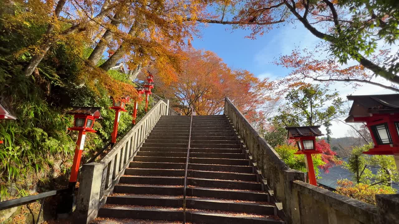 Slow cinematic push in toward stone steps with beautiful autumn colors