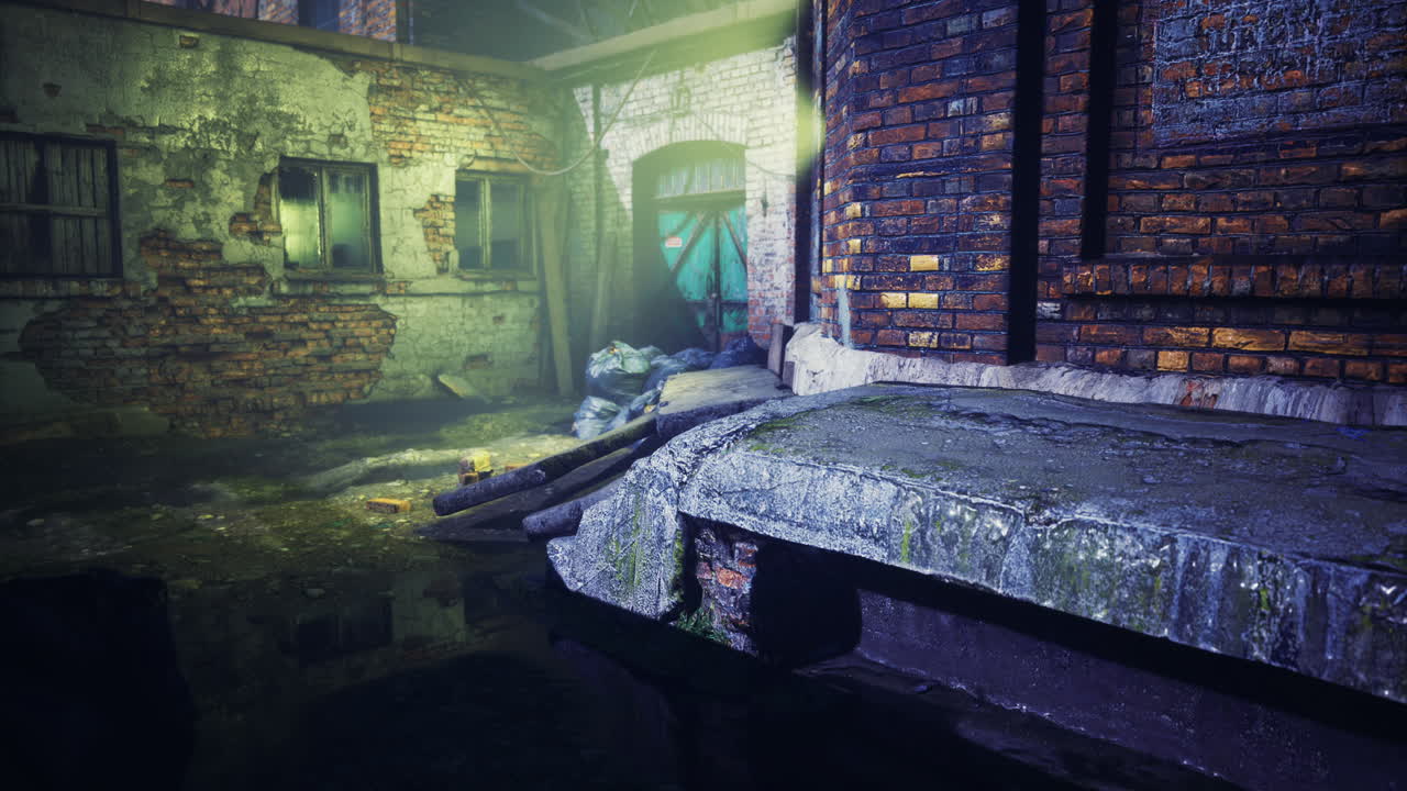 Abandoned urban area with graffiti and overgrown vegetation at night