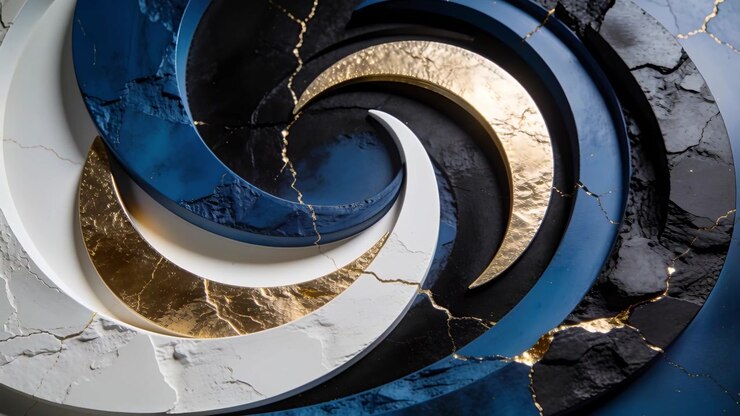 Espiral en capas girando en sentido horario en un estudio, la cámara haciendo un paneo para mostrar el núcleo creciente y las vetas de oro.
