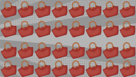 animación de bolsos de mano rosados repetidos y en movimiento sobre un fondo de rayas grises giratorias