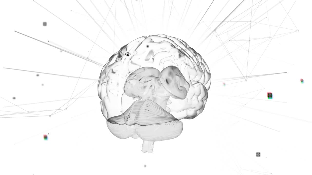 Spinning brain against flickering light trails on white background