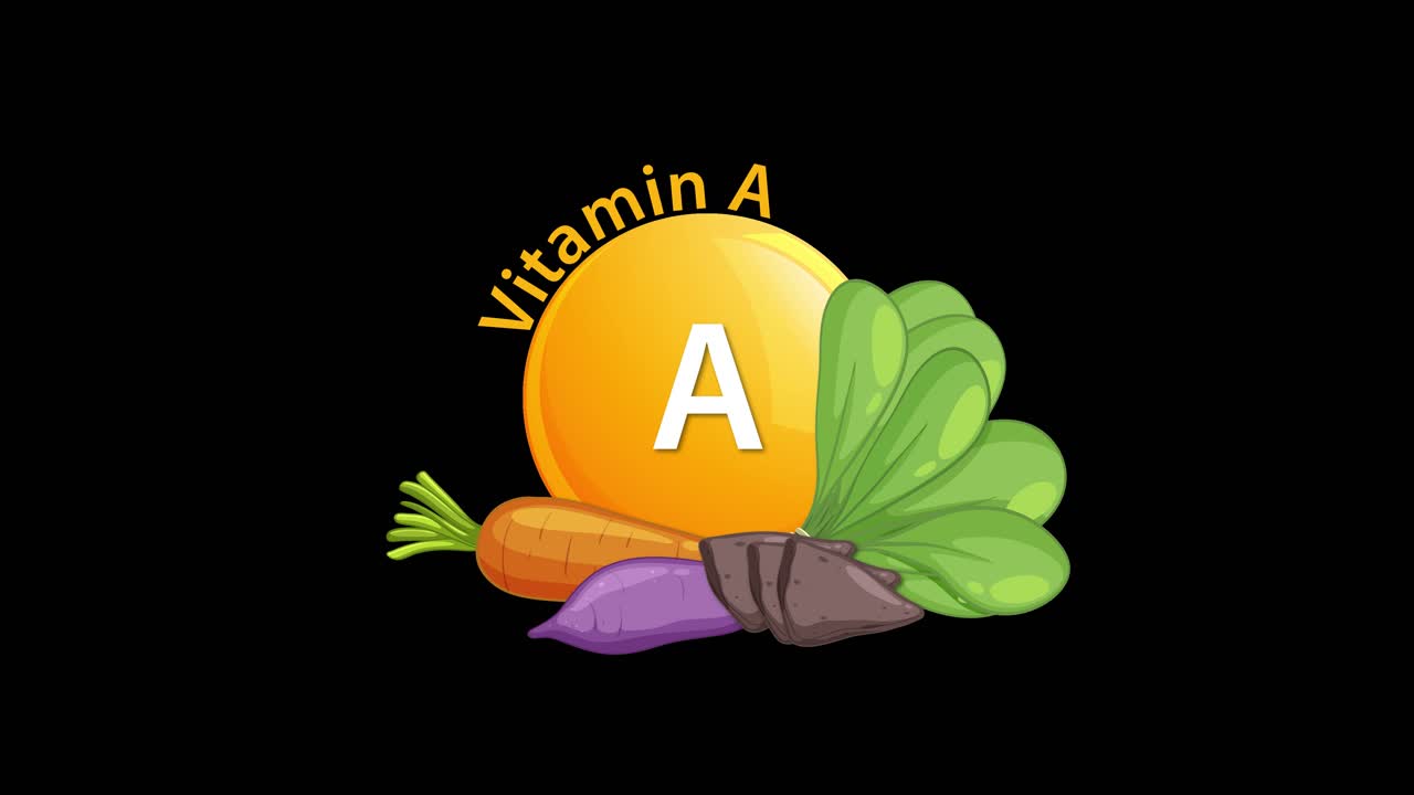 Et lyst A-vitamin kapselikon animeres frem, smelter sammen med illustrerede grøntsager, herunder gulerødder, spinat og søde kartofler, på en sort baggrund.