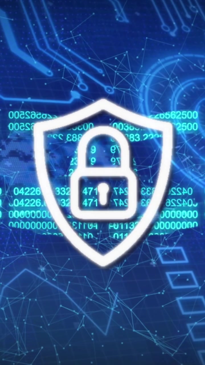 Animation of security padlock, shield and chain icon on round scanner and microprocessor connections