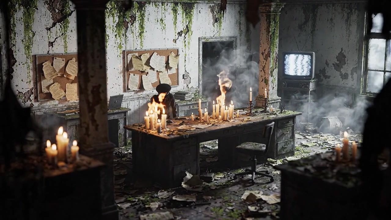 Stanza fiocamente illuminata con candele e vegetazione incolta che crea una scena suggestiva di desolazione e abbandono in un vecchio ambiente d'ufficio.