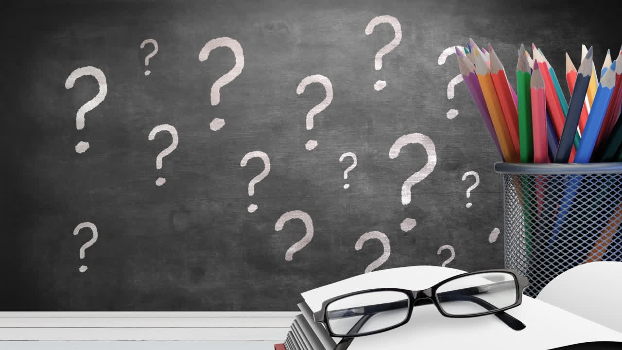 Animation of book with glasses and pencils over questions marks on blackboard